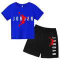 Blue t-shirt and black shorts set with Jordan logo on a white background