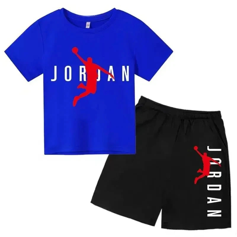 Blue t-shirt and black shorts set with Jordan logo on a white background