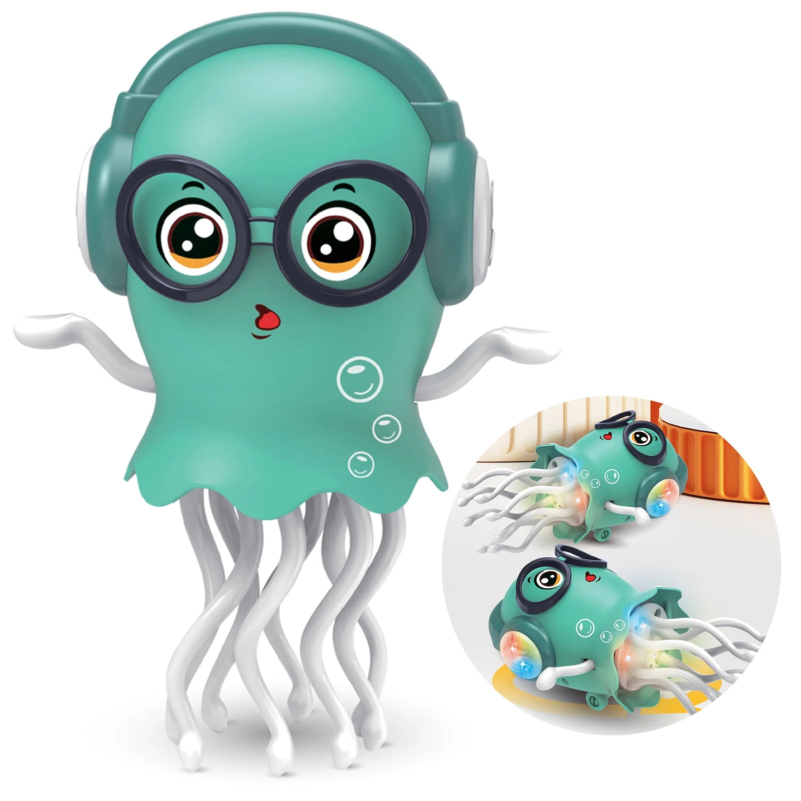Toy octopus with glasses and headphones on a white background