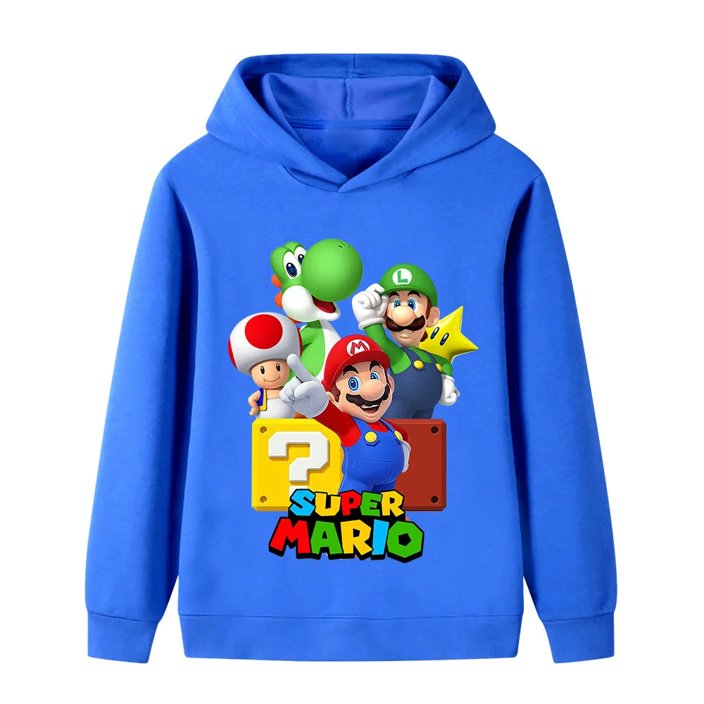 Blue hoodie with Super Mario characters on a white background