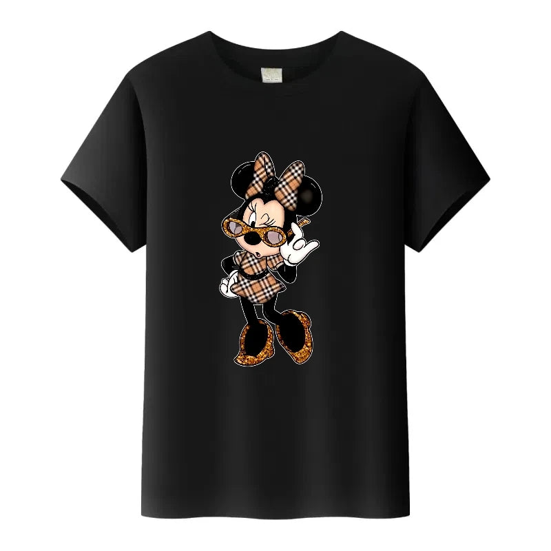 Black t-shirt with a cartoon character design on a white background