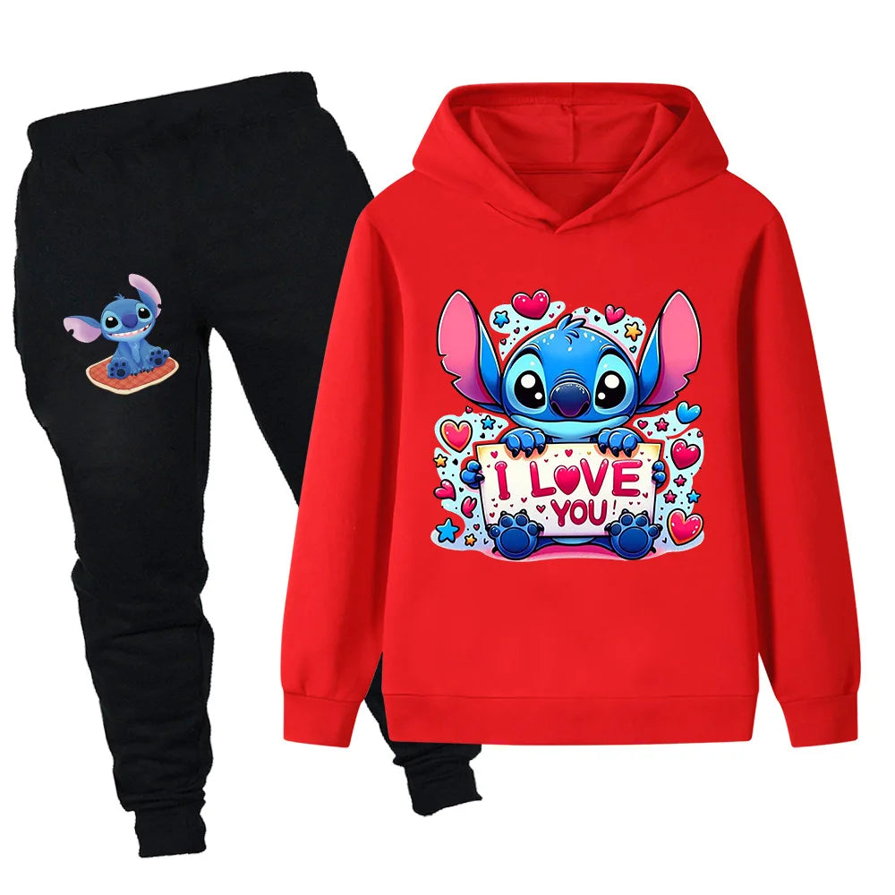 Red hoodie with cartoon character and 'I Love You' text, black pants with cartoon character, on white background