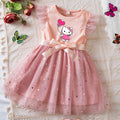 Pink children's dress with a cartoon character on a textured surface with flowers and butterflies.