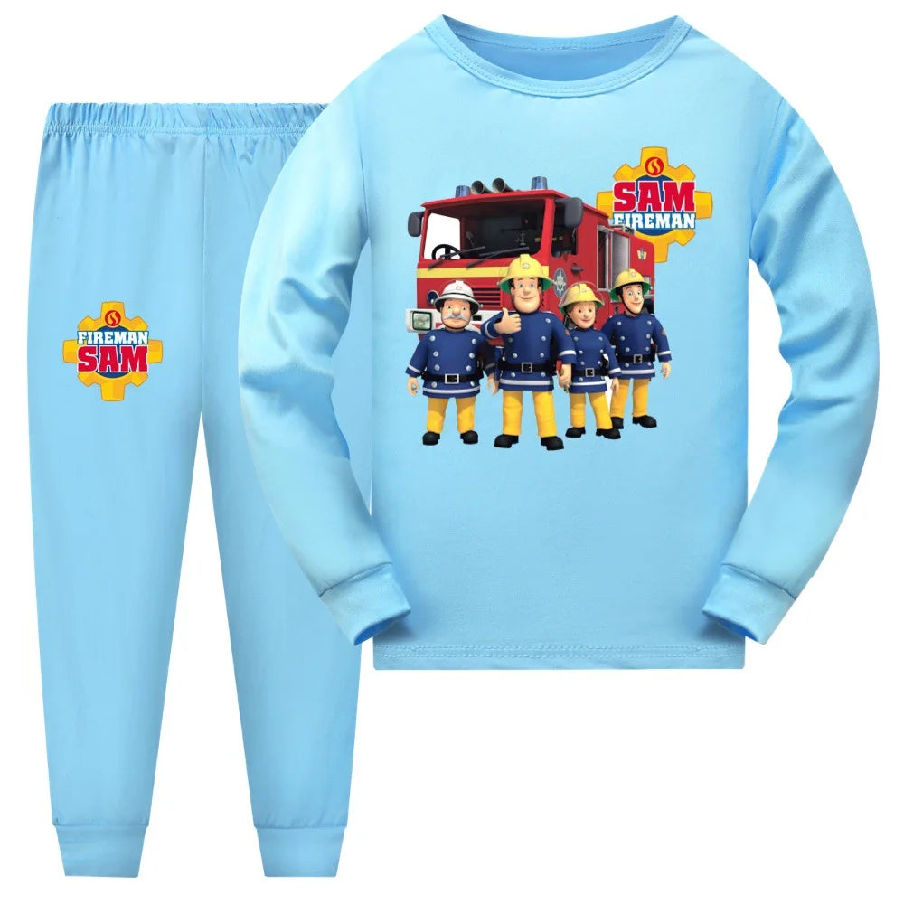 Children's pajama set with Fireman Sam design on a white background