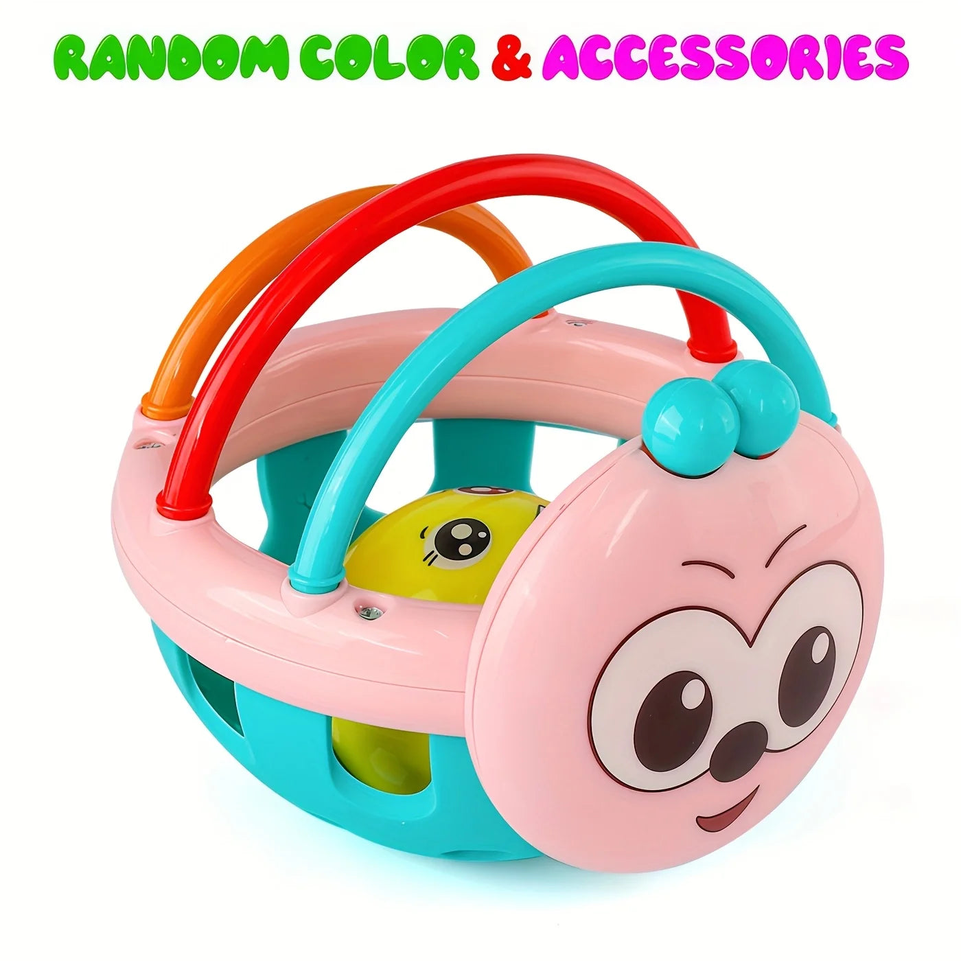 Colorful baby toy with cartoon face on a white background