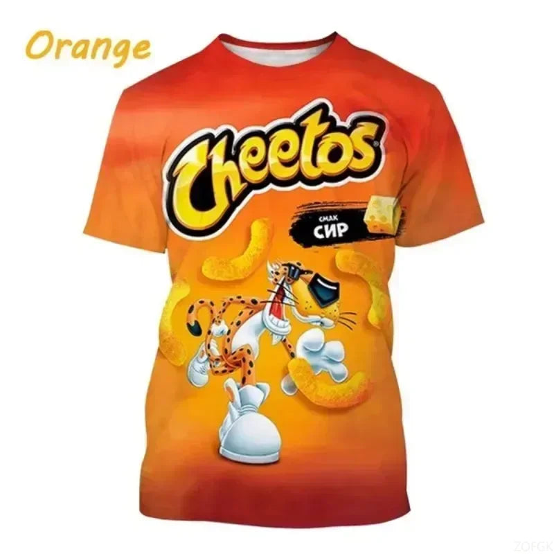 Orange t-shirt with Cheetos branding and cartoon characters on a white background