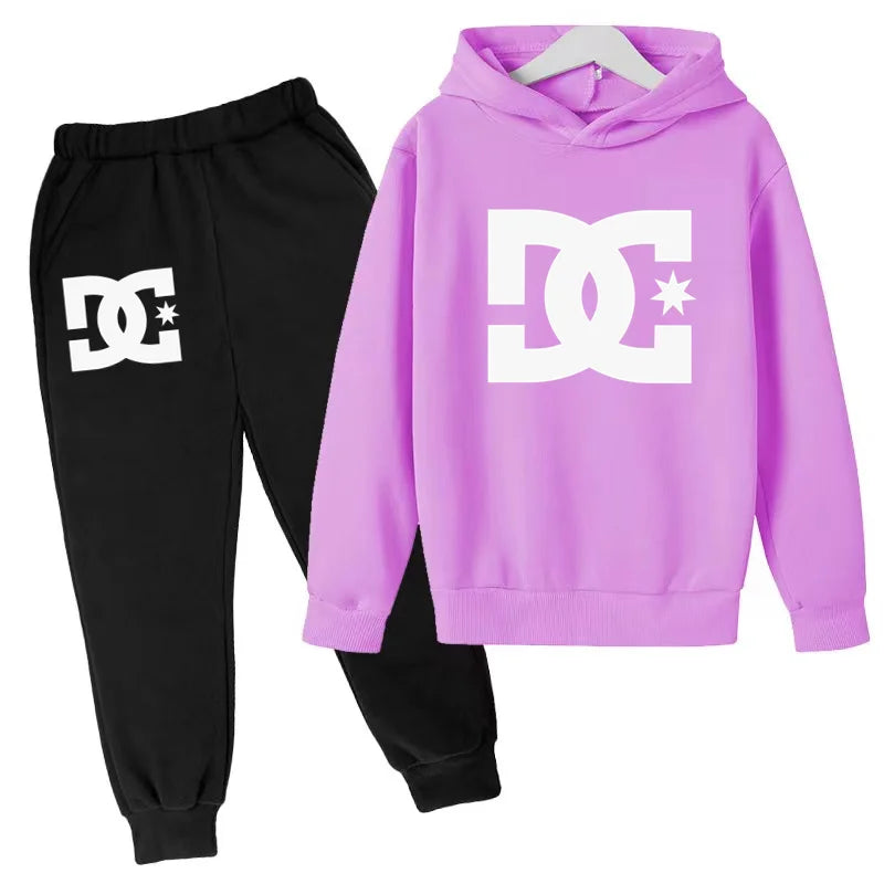 Purple hoodie and black pants with DC logo on a white background