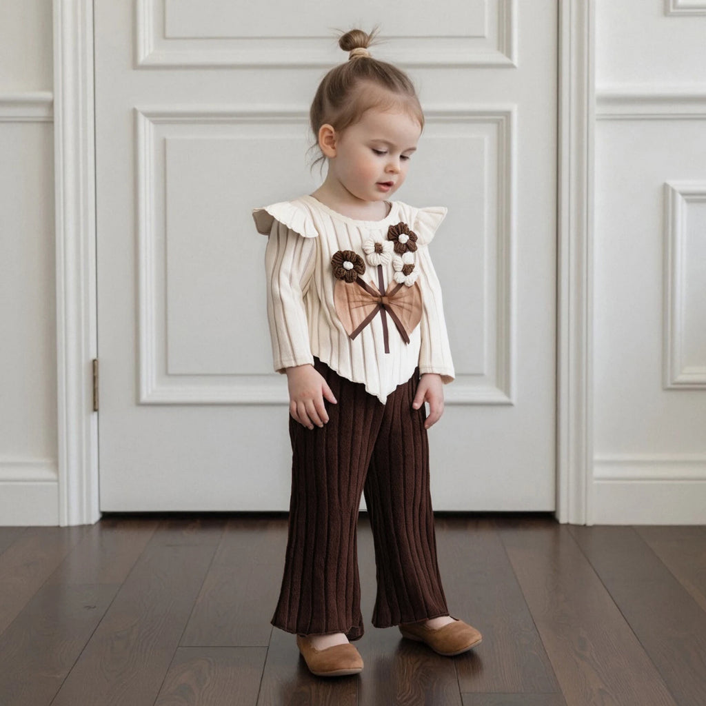 Crochet Flower Pullover + Ribbed Flare Pants 2 Pcs Set