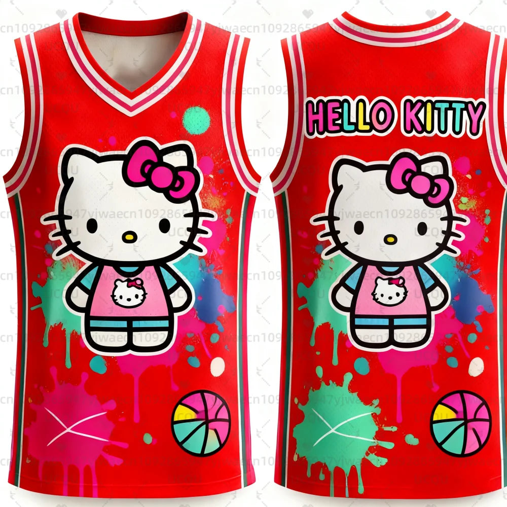 Red basketball jersey with Hello Kitty design on a white background