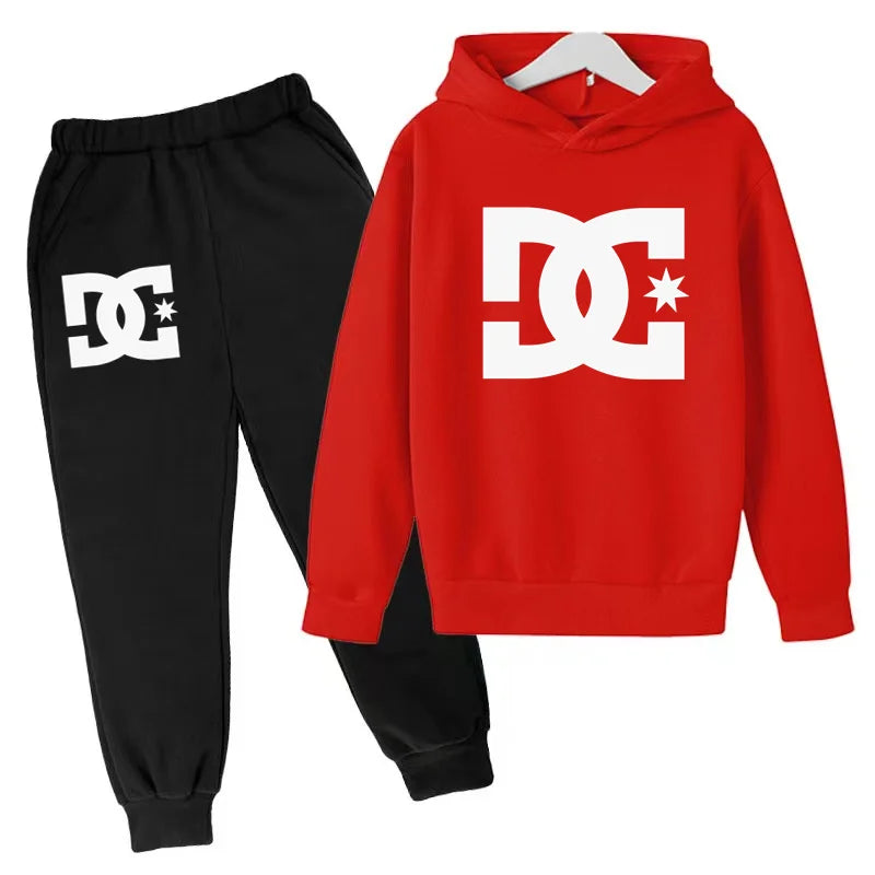 Red hoodie and black pants with DC logo on a white background
