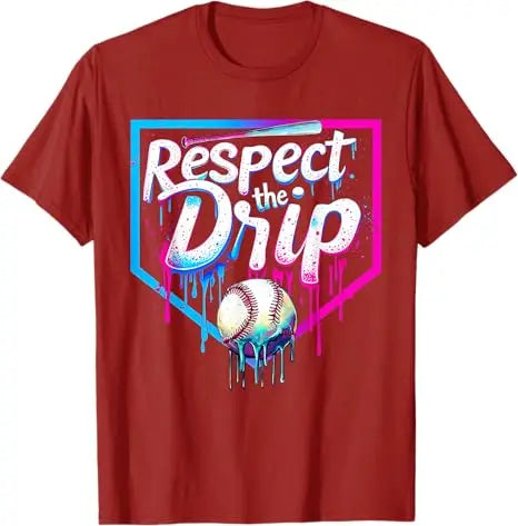 Red t-shirt with 'Respect the Drip' graphic featuring a baseball on a white background