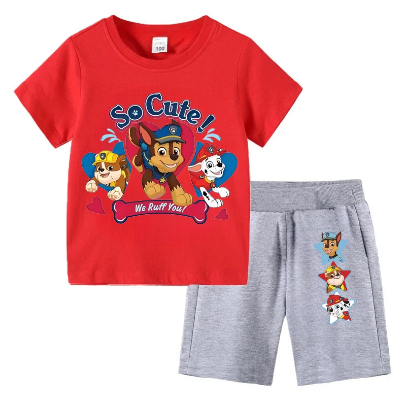 Red t-shirt with cartoon characters and gray shorts on a white background