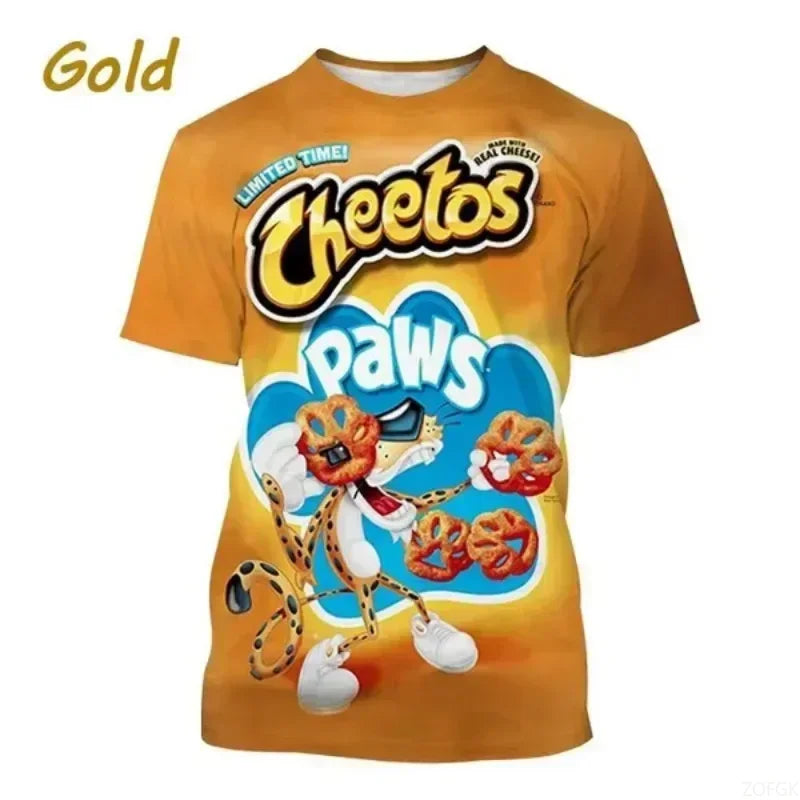 Cheetos t-shirt with a cartoon cheetah character on an orange background