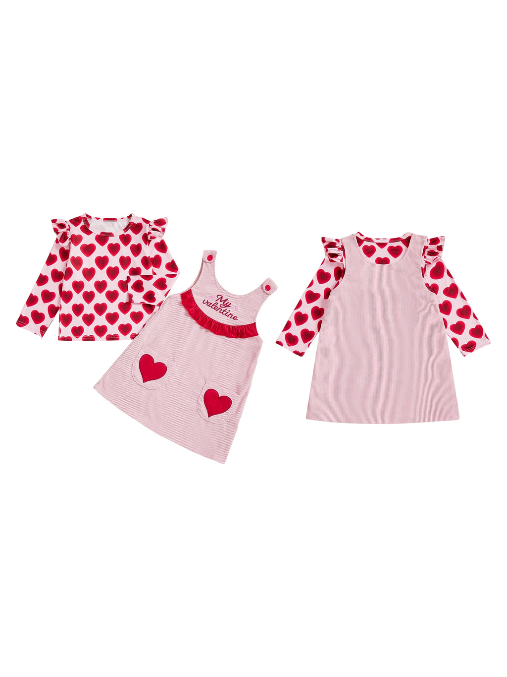 Three children's dresses with heart patterns on a white background