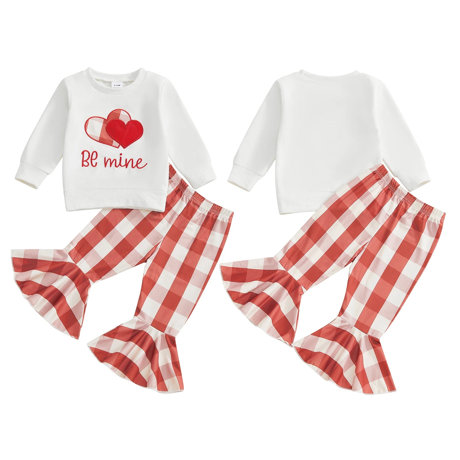Children's outfit with white long-sleeve top and red and white checkered pants on a white background