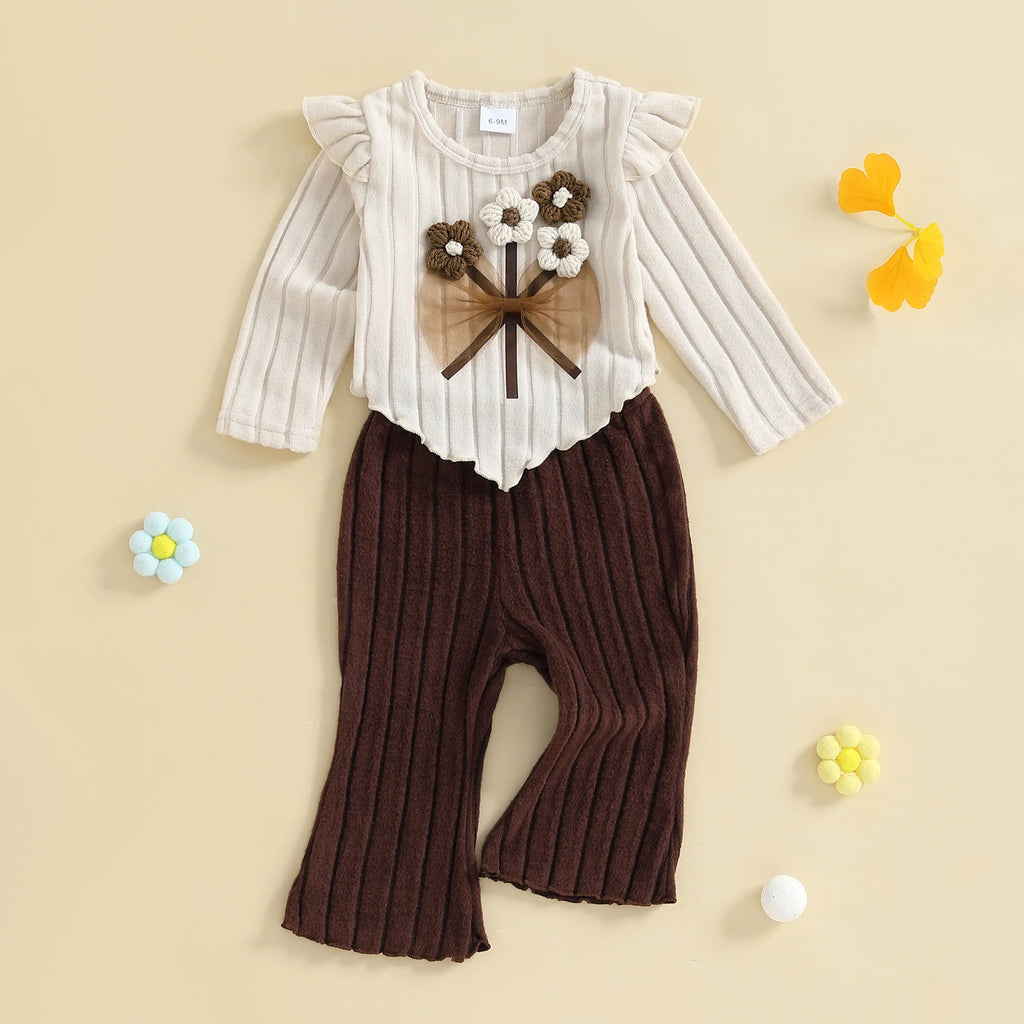 Crochet Flower Pullover + Ribbed Flare Pants 2 Pcs Set