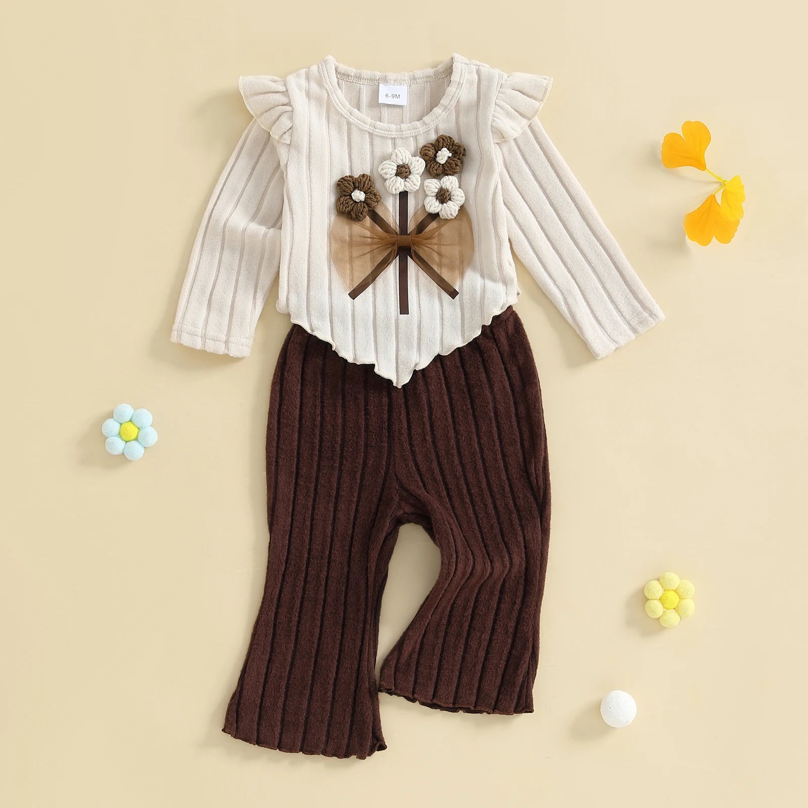 Crochet Flower Pullover + Ribbed Flare Pants 2 Pcs Set