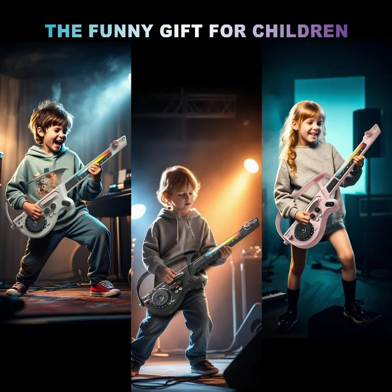 Three children playing with toy guitars on a stage-like setting, with text 'The Funny Gift for Children' above.
