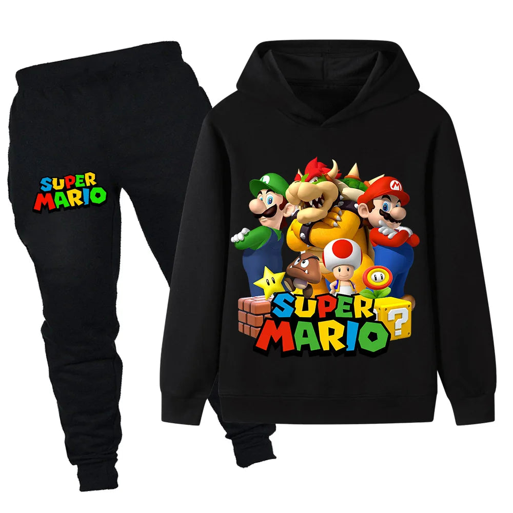 Black hoodie and pants set with Super Mario graphics on a white background