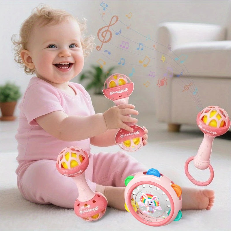 Baby playing with colorful rattles in a bright room