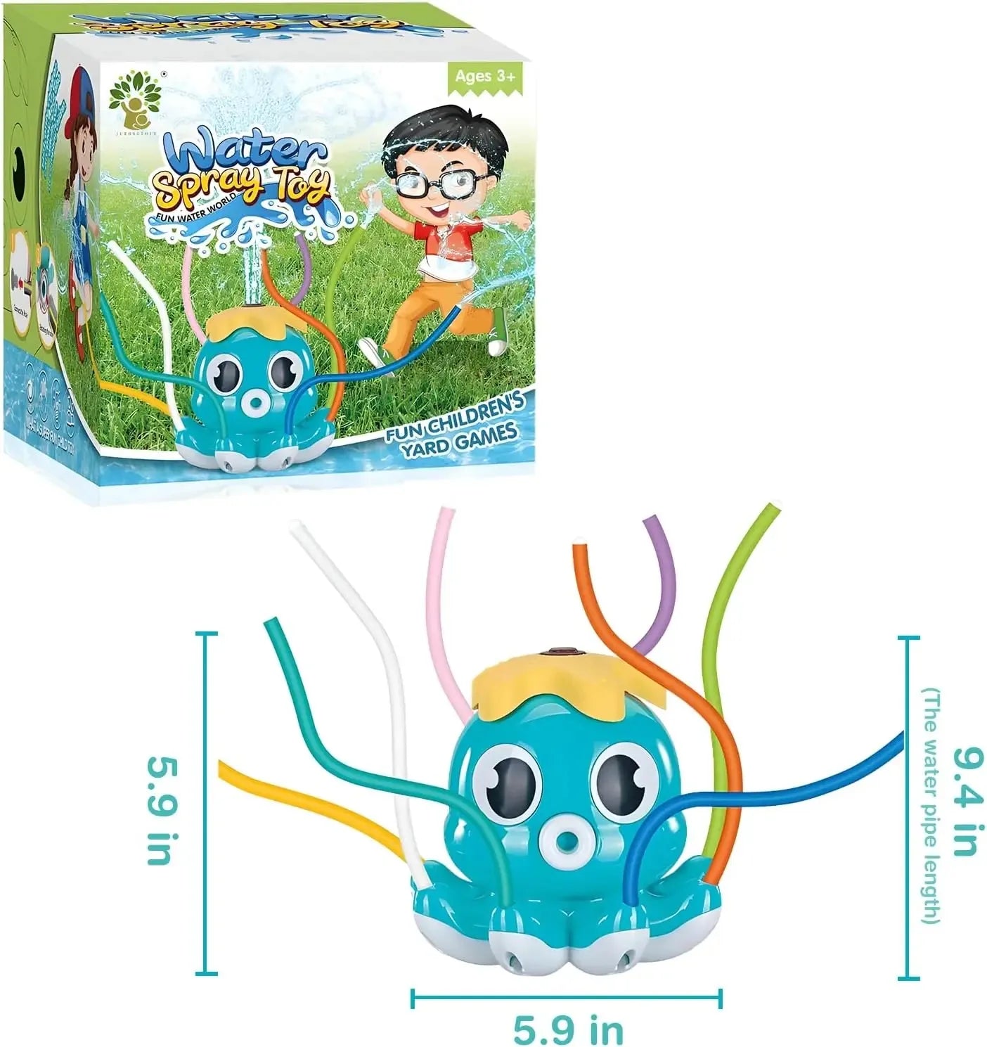 Colorful water spray toy with packaging displaying children playing outdoors.