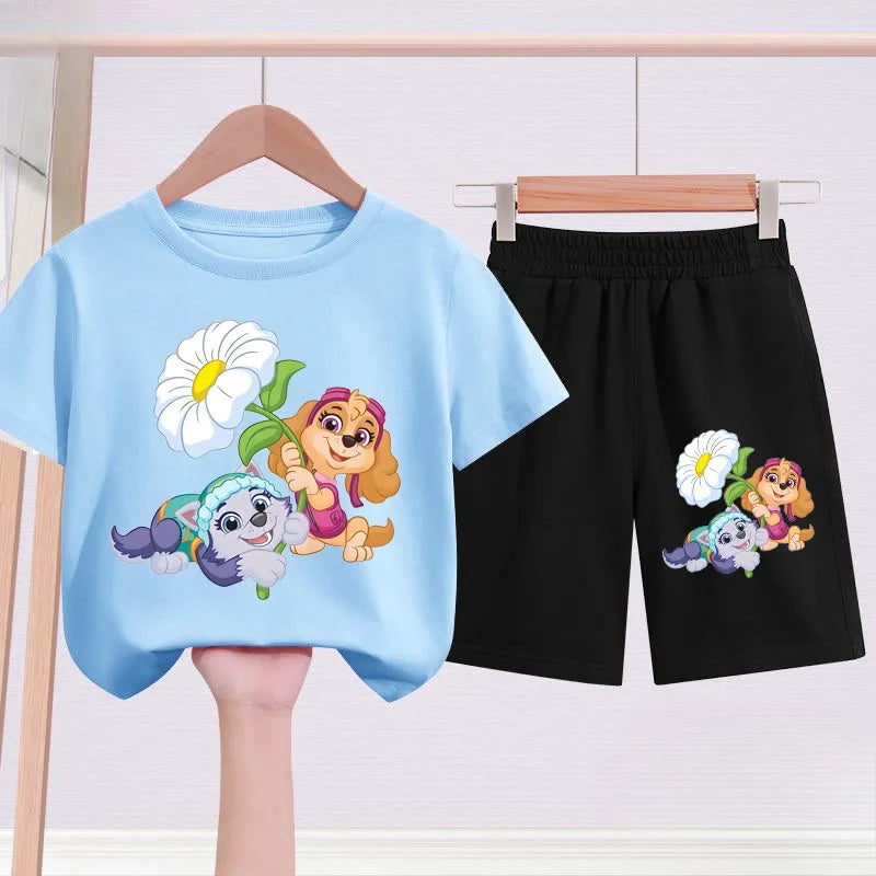 Children's t-shirt and shorts set with cartoon characters on a white background