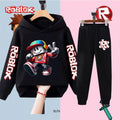 Black hoodie and pants set with Roblox character and logo on a split background