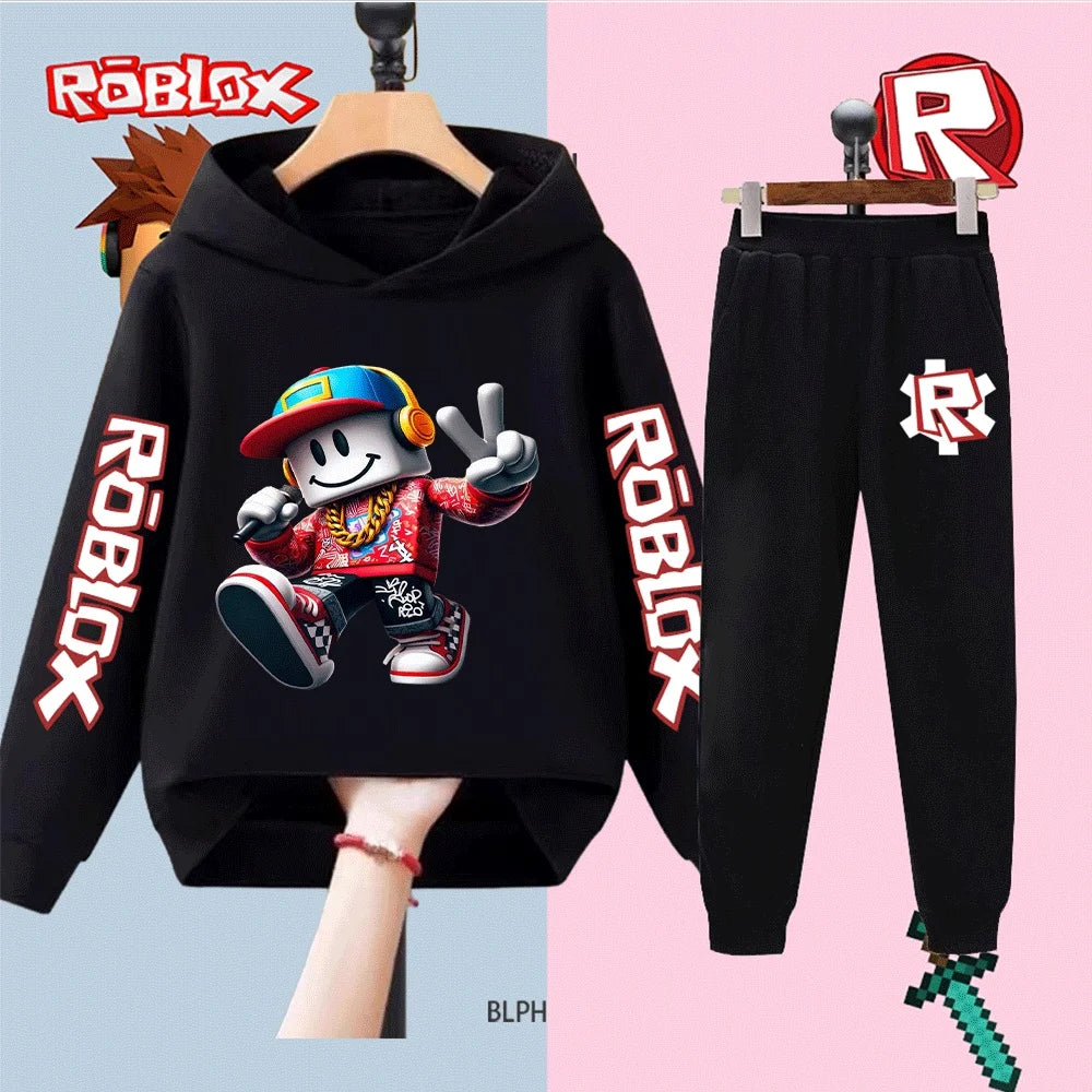 Black hoodie and pants set with Roblox character and logo on a split background