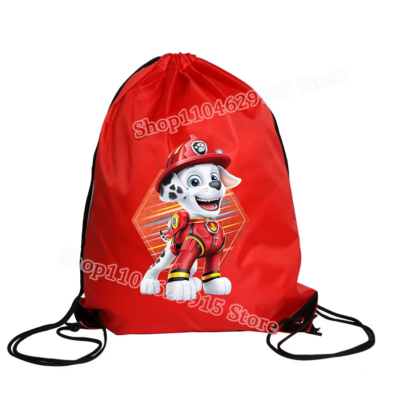 Red drawstring bag with a cartoon character on a white background