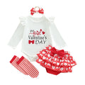 Baby Valentine's Day outfit with white onesie, red shorts, socks, and headband on a white background