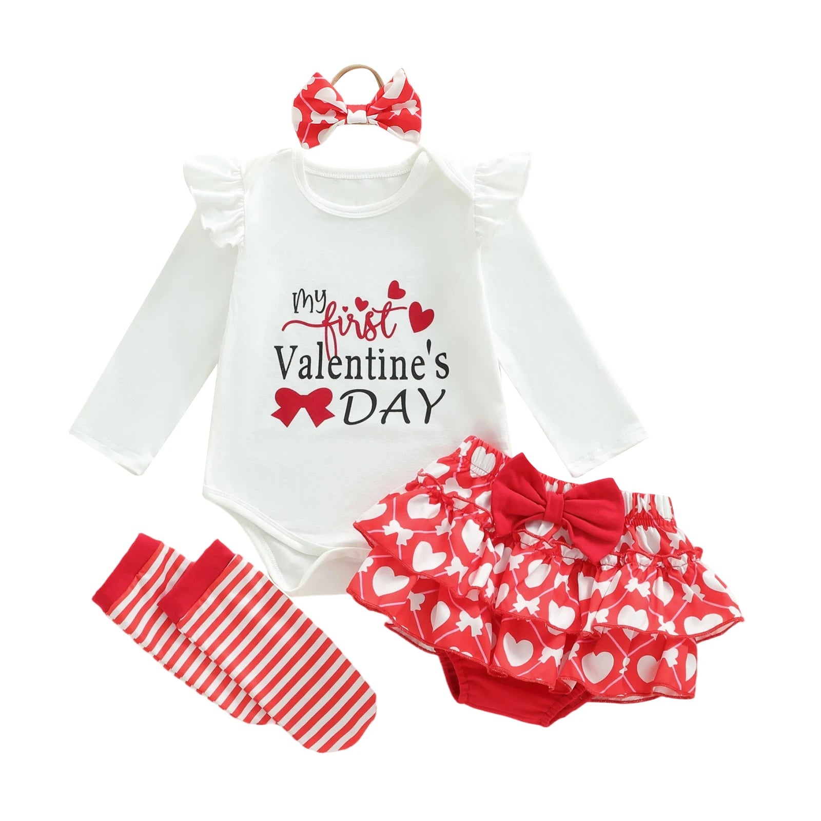 Baby Valentine's Day outfit with white onesie, red shorts, socks, and headband on a white background
