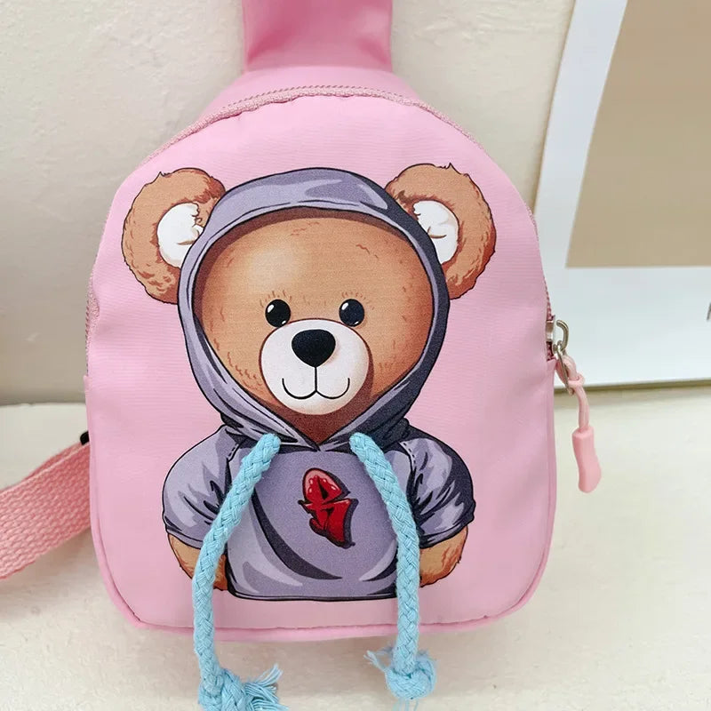 Pink pouch with a bear design wearing a hoodie on a light background