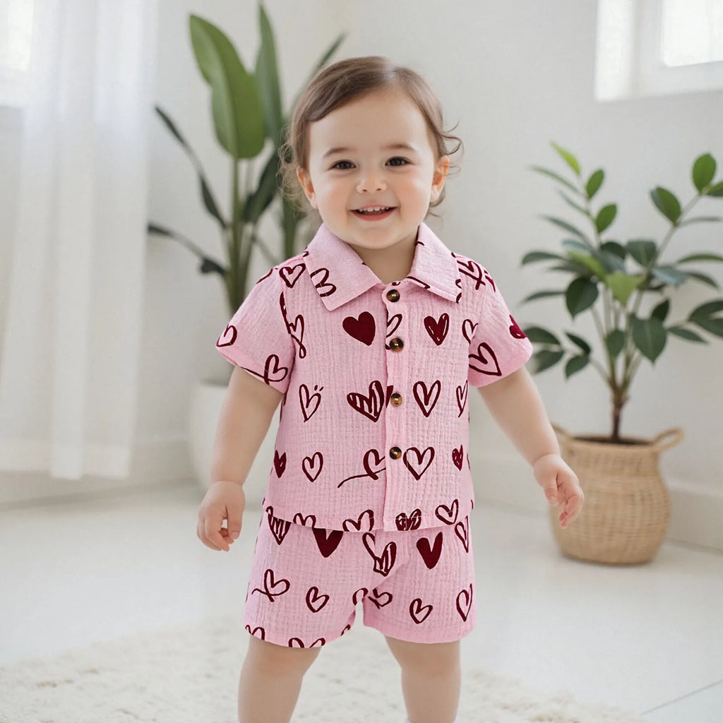 Heart Print Short Sleeve Shirt with Shorts Set