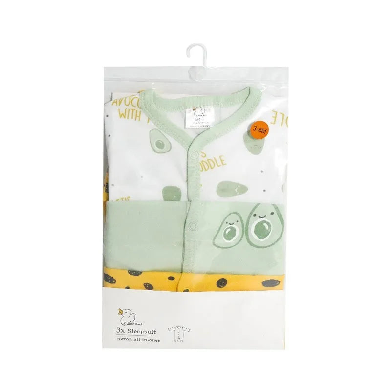 Packaged baby sleepsuit with avocado design on a white background