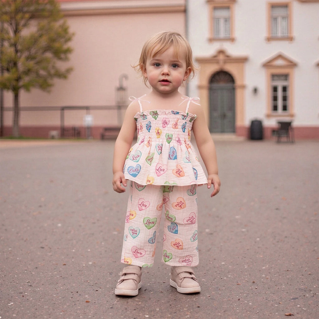 Young child wearing a colorful outfit standing on a street.