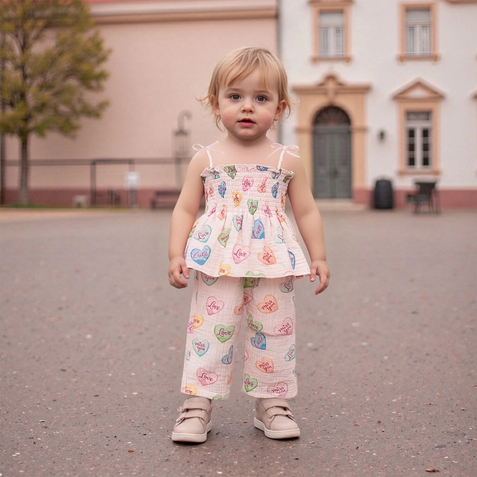 Young child wearing a colorful outfit standing on a street.