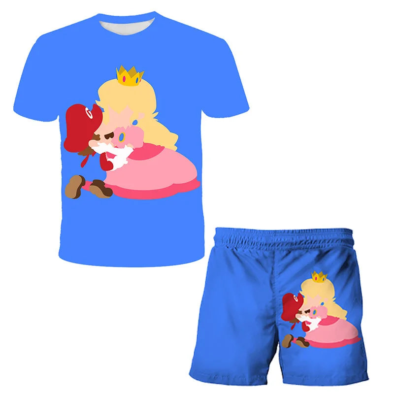 Blue t-shirt and shorts set with a printed design on a white background