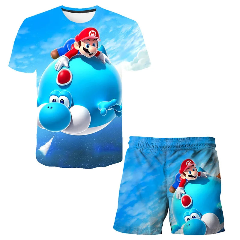 T-shirt and shorts set with a character design on a white background