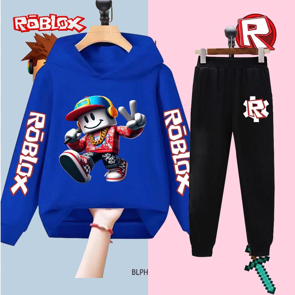Roblox-themed blue hoodie and black pants set with character design on a split background.