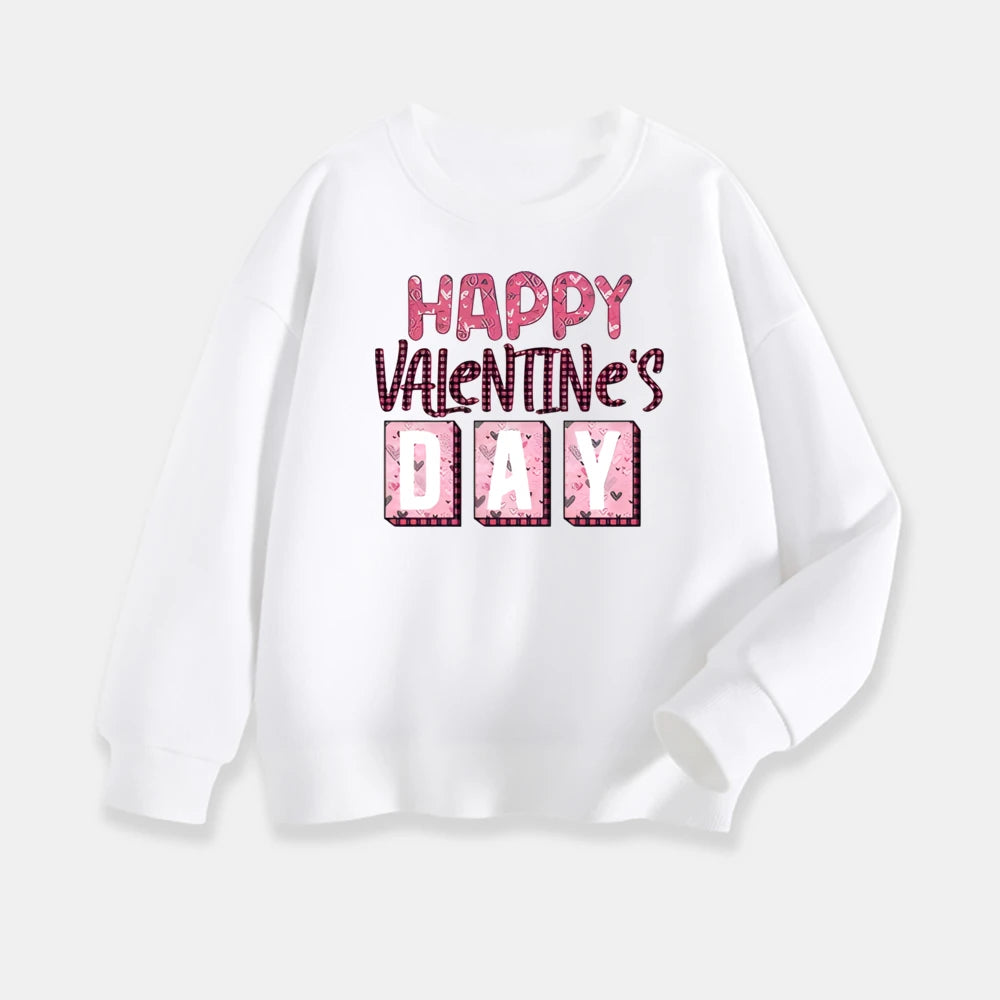White sweatshirt with 'Happy Valentine's Day' text on a white background
