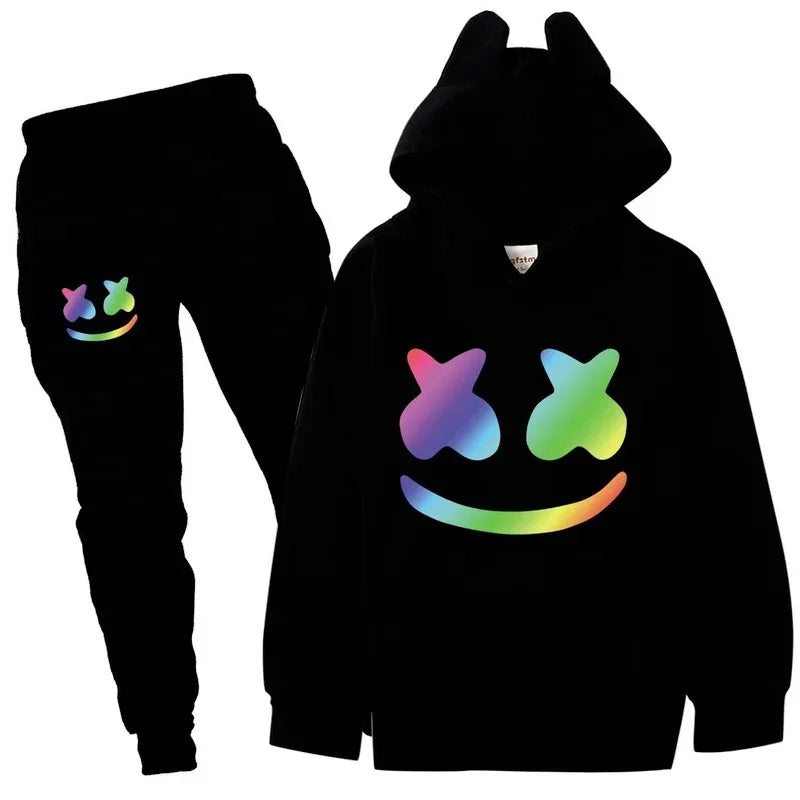 Black hoodie and pants set with colorful smiley face design on a white background