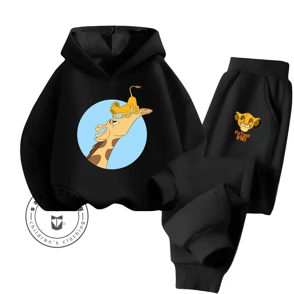 Black hoodie and pants set with cartoon character design on a white background