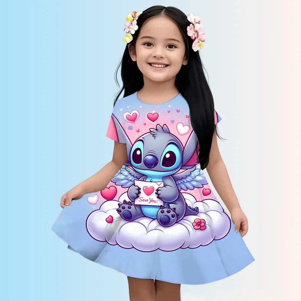 Child wearing a dress with a cartoon character on a light blue background