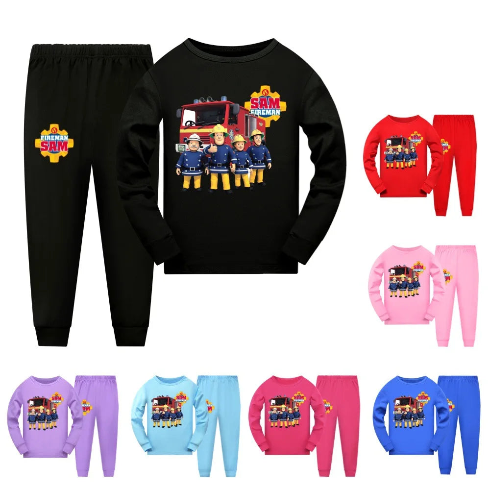 Children's pajama sets with 'Sam the Fireman' design in various colors on a white background.