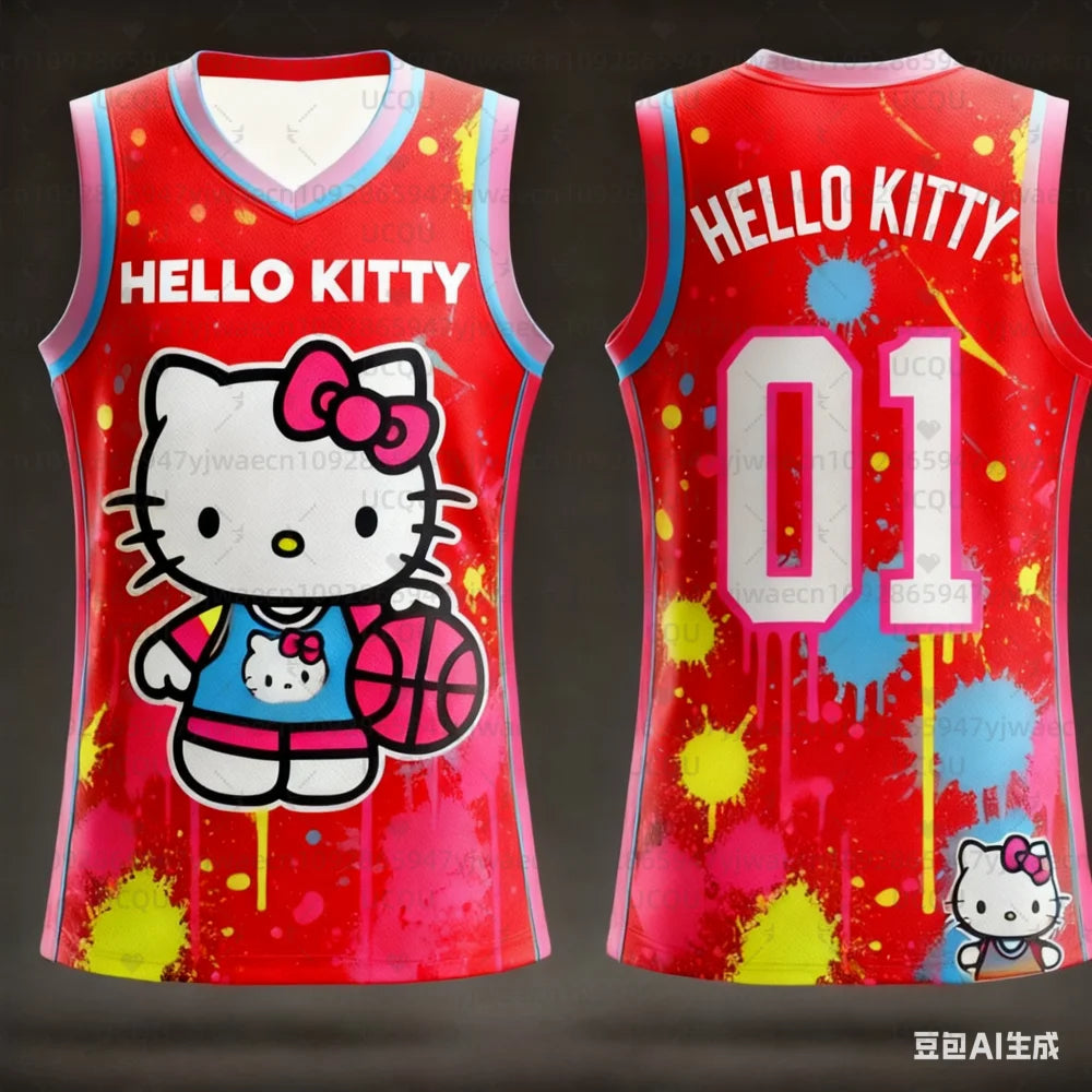 Red sleeveless jersey with Hello Kitty design on a black background