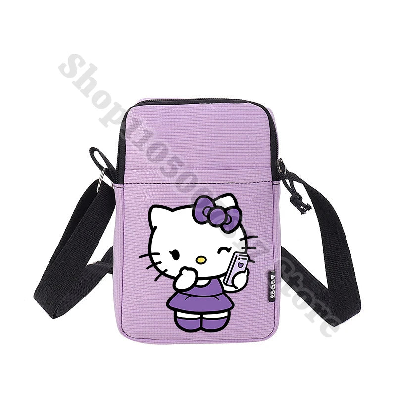 Purple crossbody bag with a cartoon character on a white background