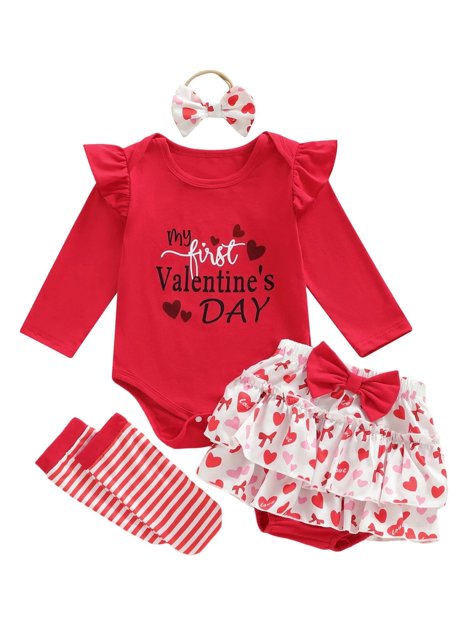 Valentine's Day baby outfit with red romper, skirt, leg warmers, and headband on a white background.