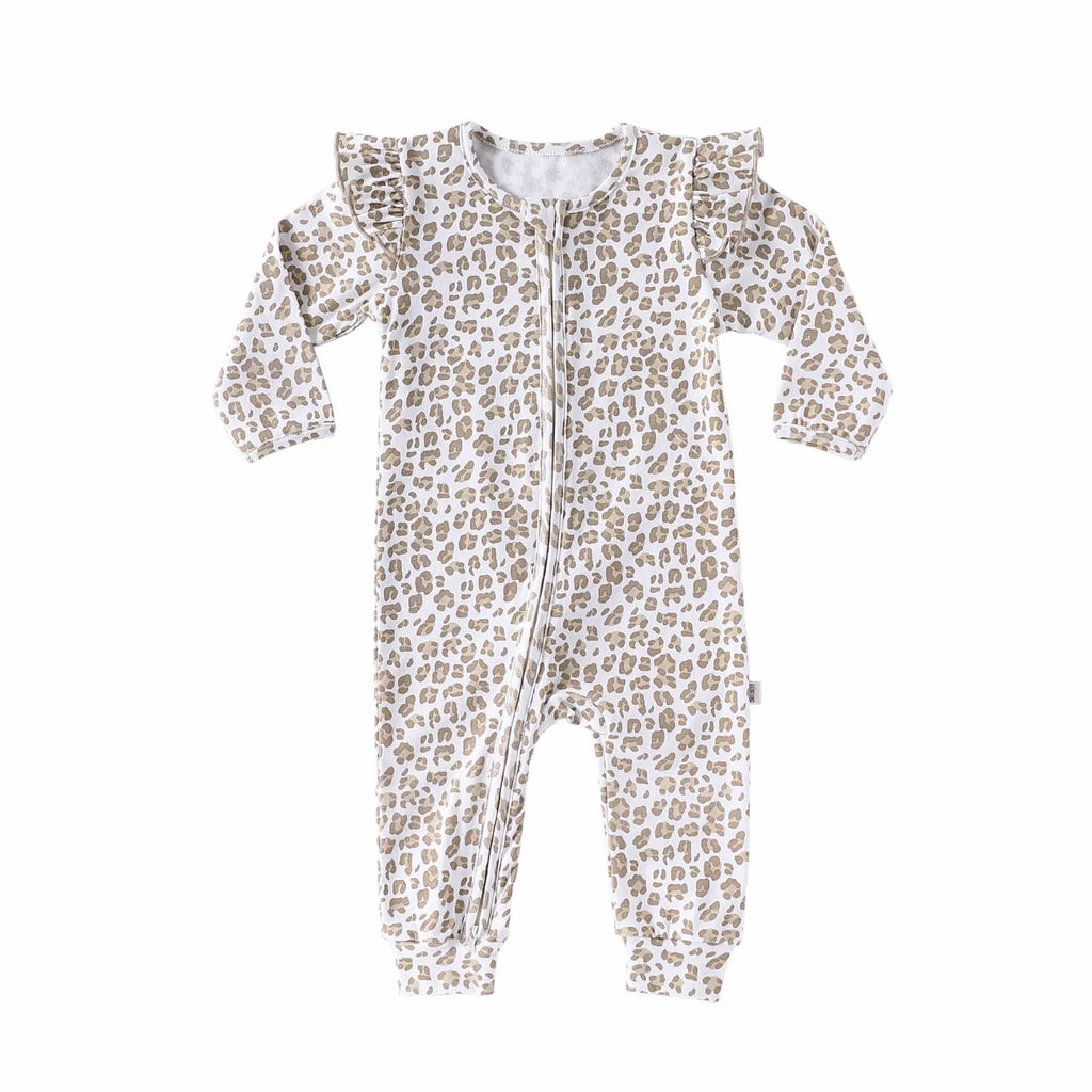 Leopard print baby onesie on a white background