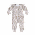 Leopard print baby onesie on a white background