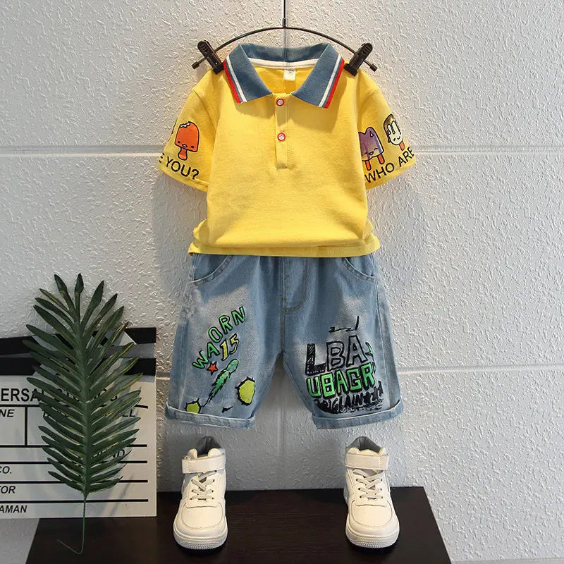 Children's yellow polo shirt and denim shorts set with white sneakers on a white background